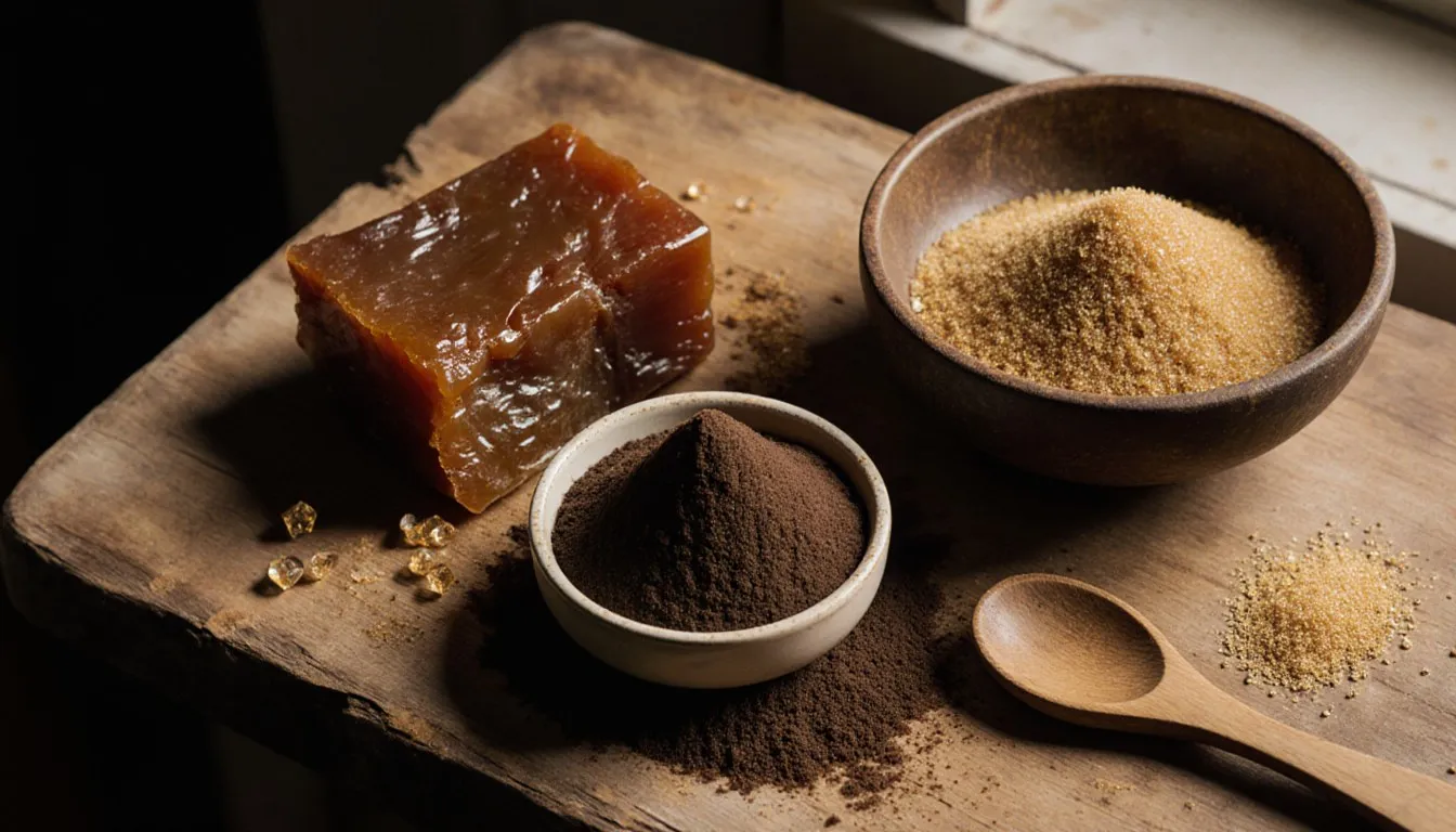 A still life of muscovado sugar substitutes: dark brown sugar, jaggery, and demerara sugar crystals on a wooden board