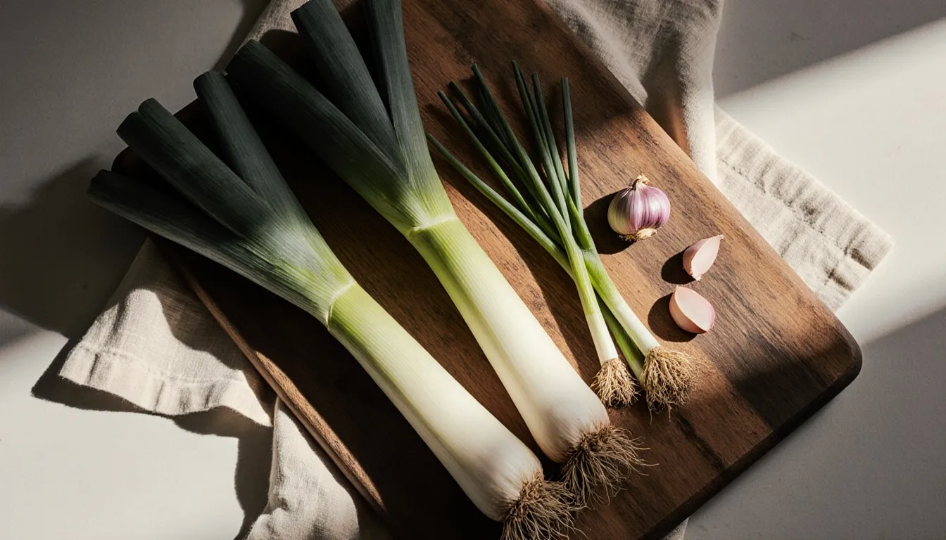 Leeks, scallions, garlic, and chives arranged on a wooden board as onion substitutes
