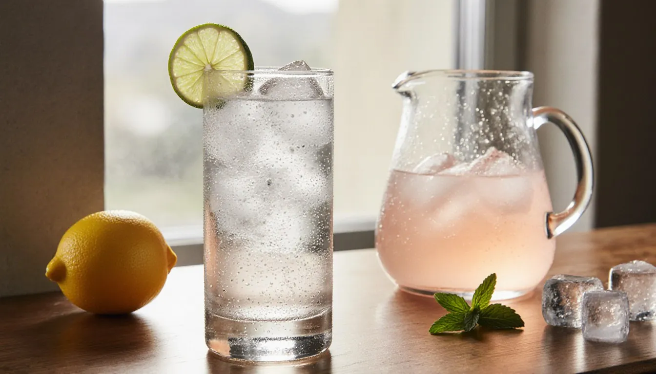 A vodka tonic cocktail with lime, ice, and fresh citrus mixers arranged on a bar counter