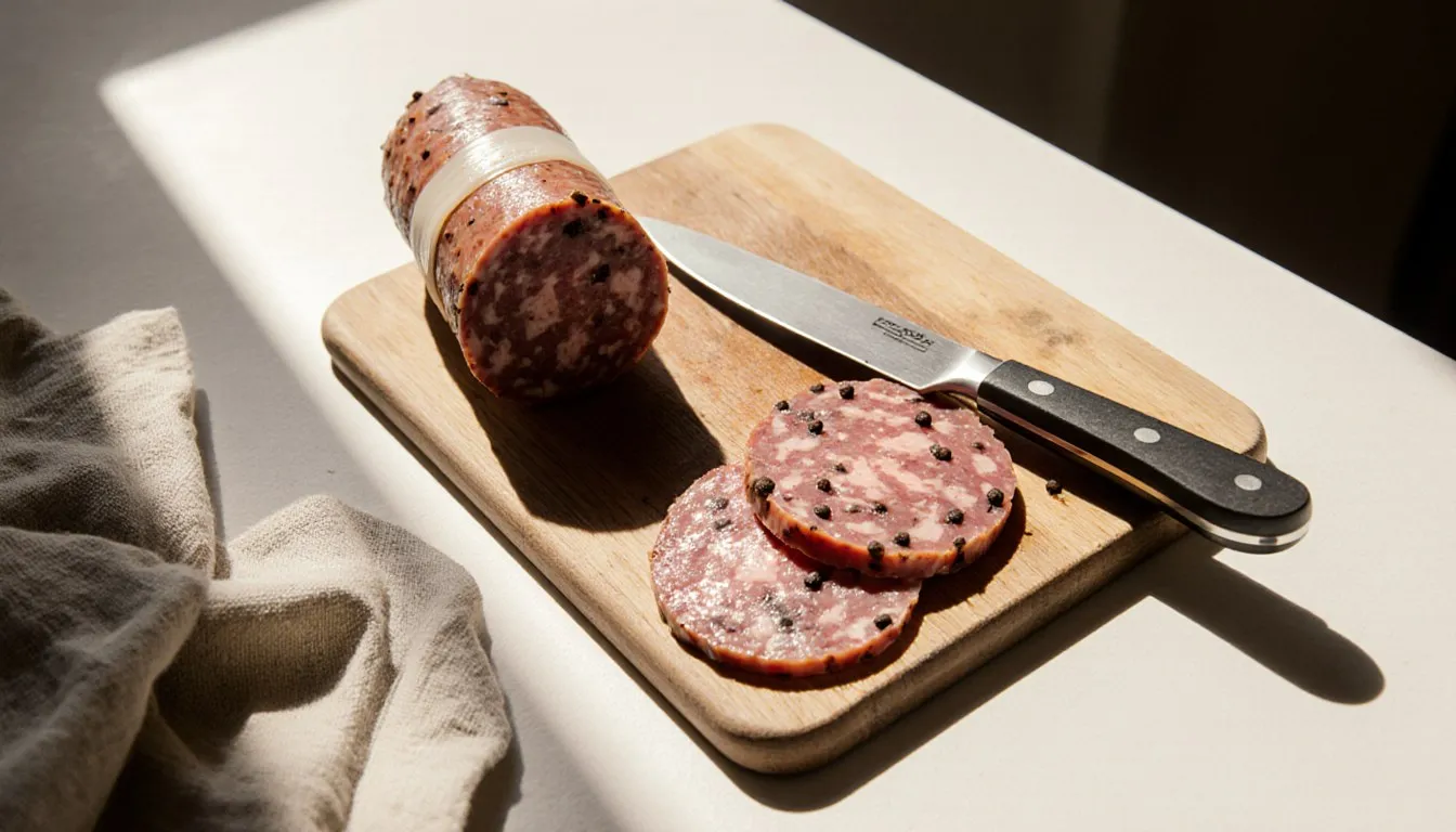 Sliced cotto salami fanned on a wooden board next to the whole peppercorn-studded chub