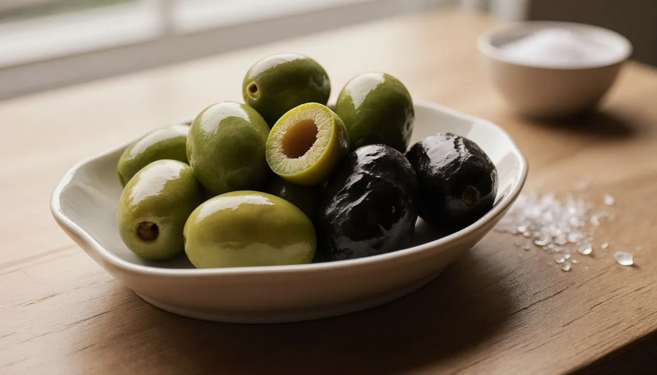 A dish of firm green olives and soft dark black olives, showing their difference in color and texture