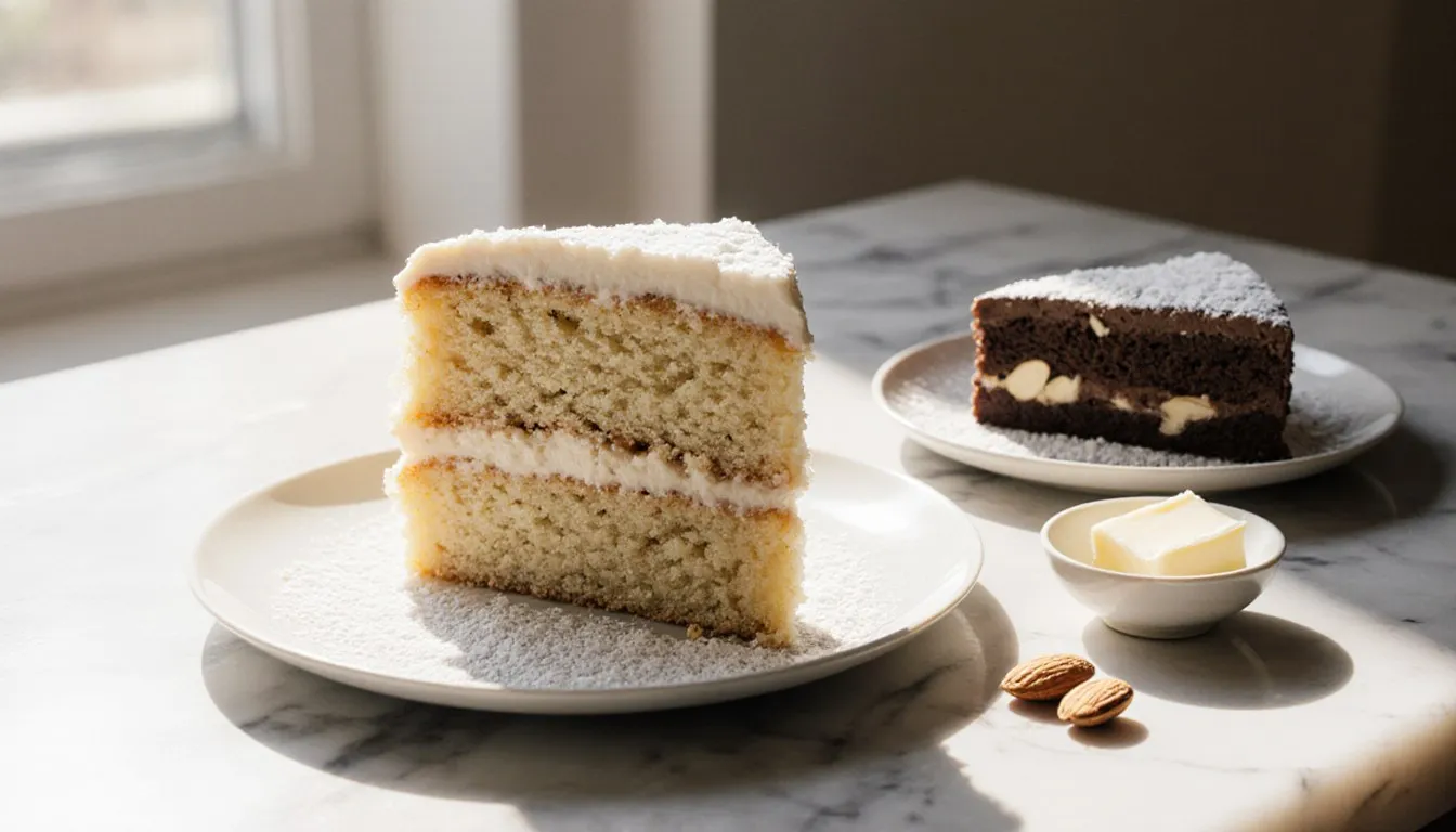 A slice of layered cake beside a dense chocolate-almond torte, showing their differing textures
