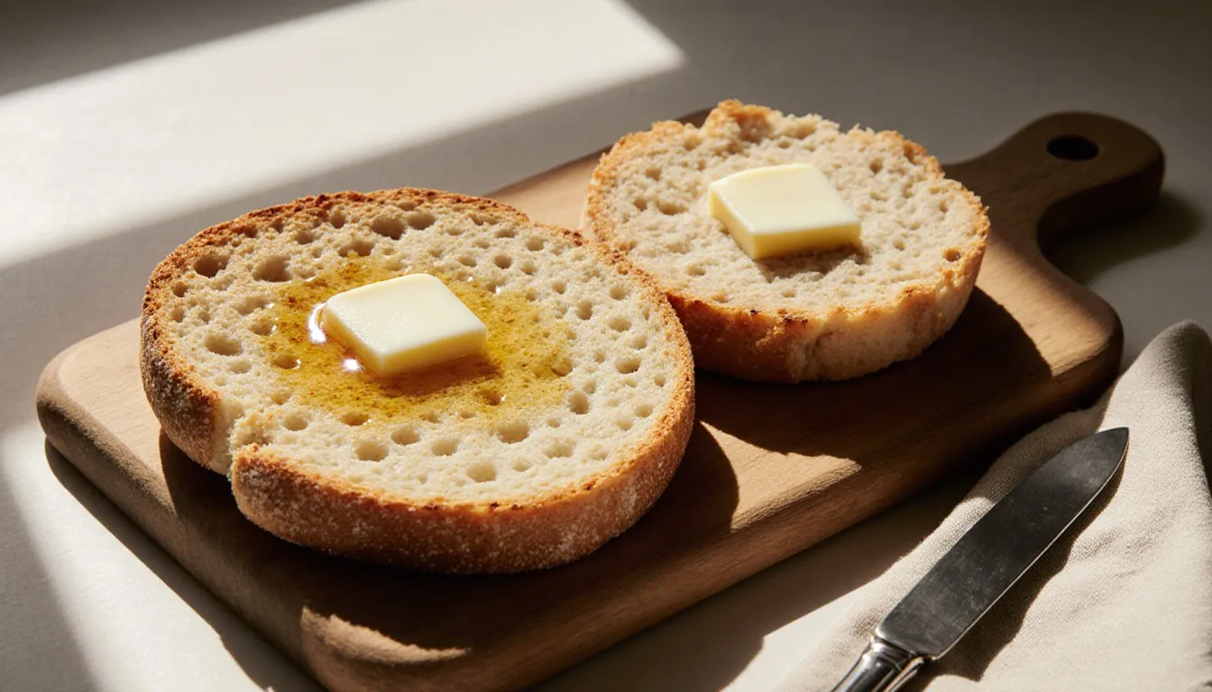 A toasted crumpet with its holey top beside a split, toasted English muffin, both buttered on a wooden board