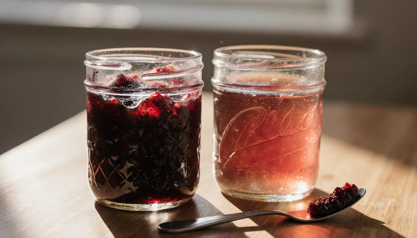Open jars of chunky fruit jam and smooth, translucent jelly side by side on a wooden counter