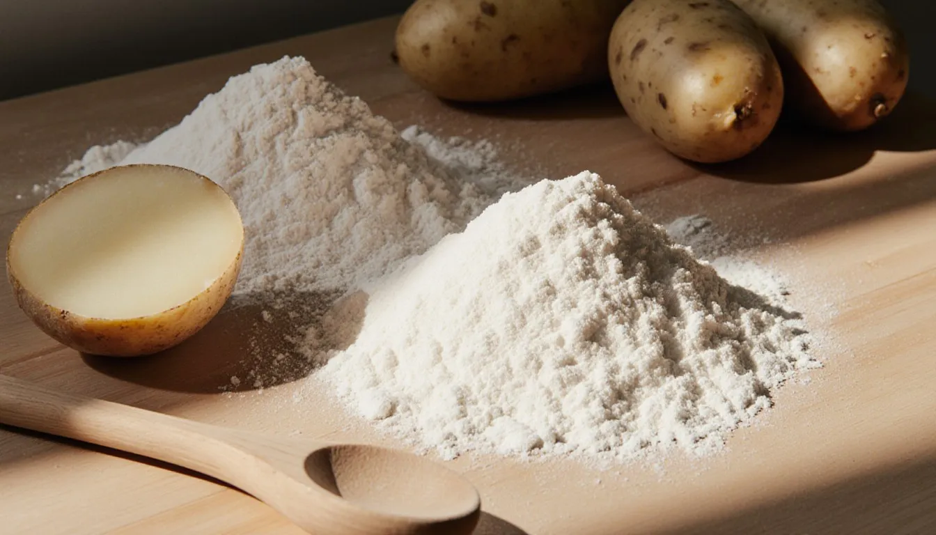 Separate mounds of potato starch and potato flour beside whole and halved raw potatoes on a wooden surface