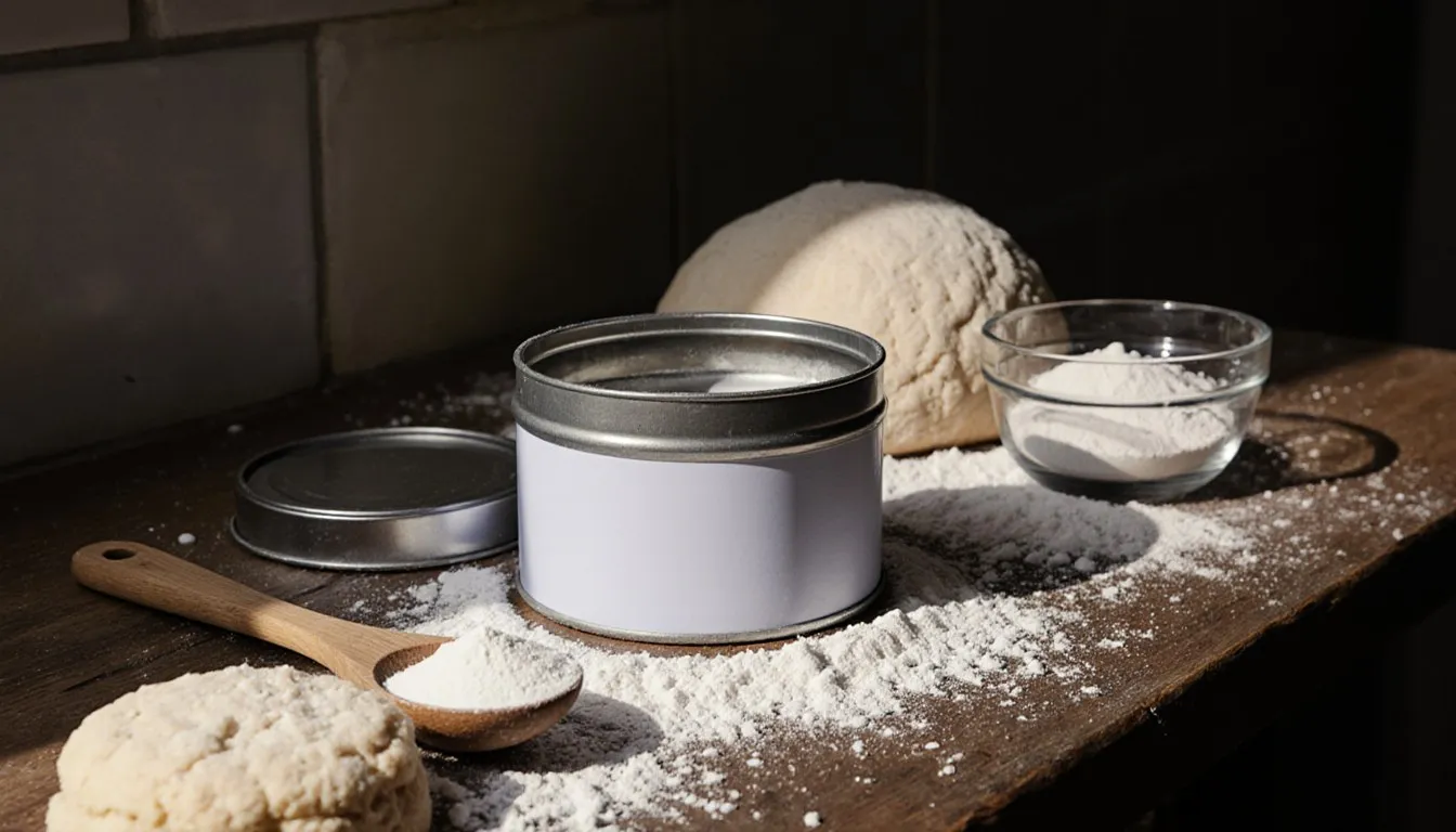 An open tin of baking powder beside flour and raw biscuit dough on a wooden counter