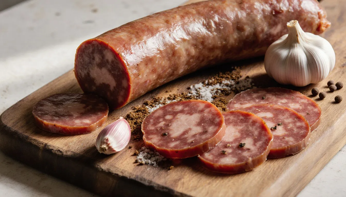 A pepperoni sausage partly sliced on a wooden board, showing its cured red interior and spice flecks