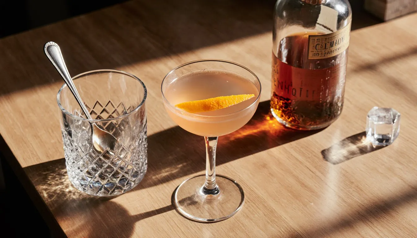 A stirred cocktail beside an unlabeled vermouth bottle and mixing glass on a wooden bar