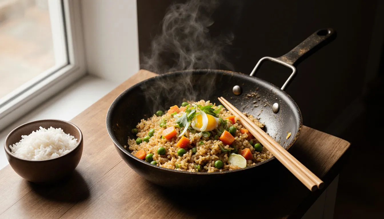 A skillet of golden fried rice with vegetables and egg beside a bowl of plain cooked rice