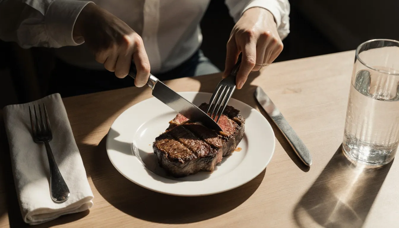 Hands cutting an entire steak into pieces before eating, at a softly lit dinner table