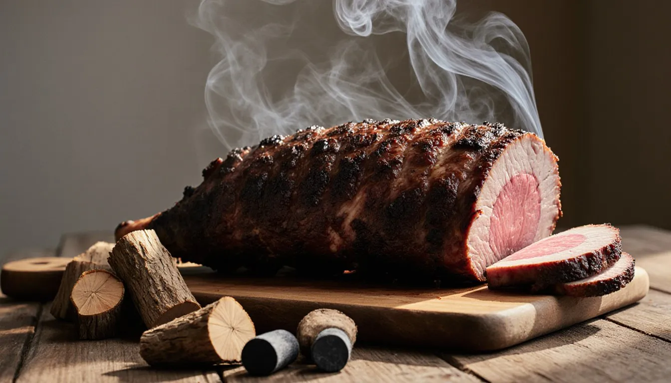 A whole smoked brisket with a dark mahogany bark and visible smoke ring, resting beside chunks of smoking wood