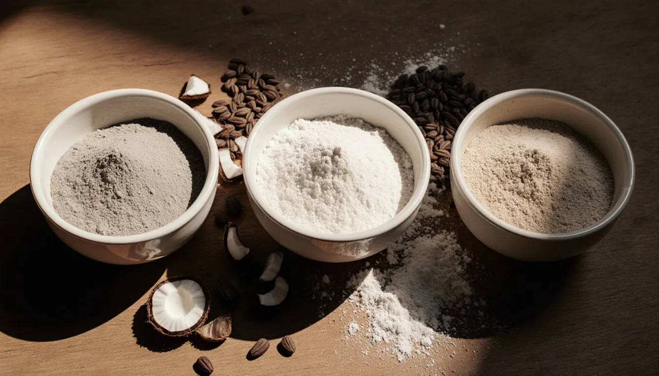 Bowls of buckwheat, coconut, and brown rice flour, each with their source grains scattered beside them
