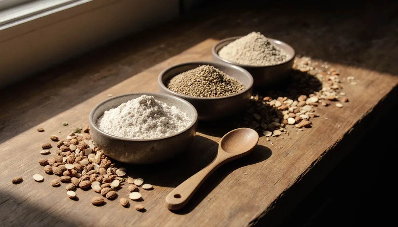 Bowls of whole wheat flour, ground flaxseed, and almond meal, common wheat germ substitutes, on a wooden counter