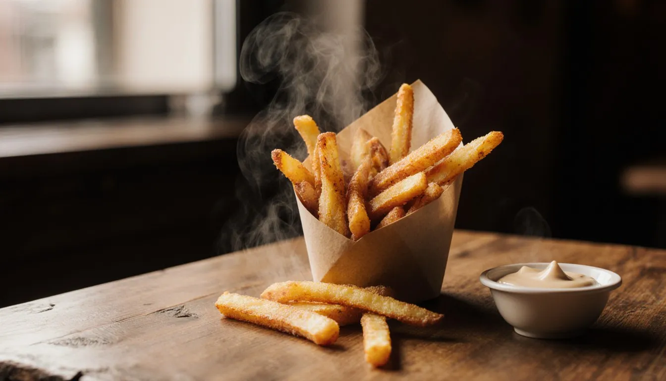 A paper cone piled with crisp golden french fries on a rustic café table, steam rising from the hot potatoes