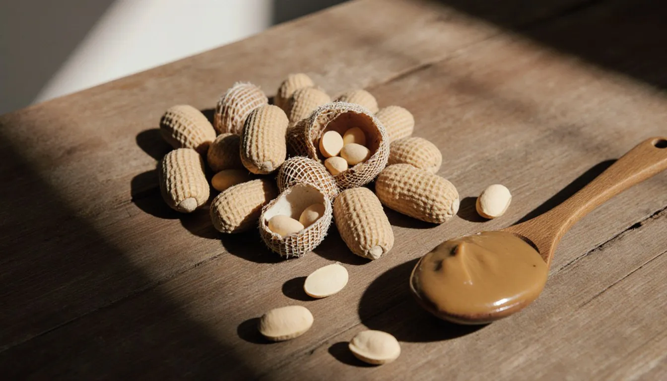 Raw peanuts in the shell, shelled peanuts, and a spoonful of peanut butter arranged on a wooden table