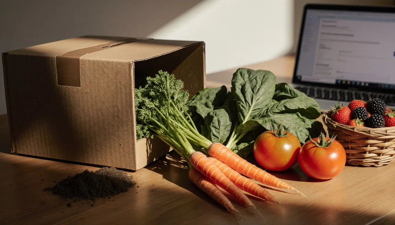 Fresh organic produce being unpacked from a delivery box next to an open laptop on a kitchen table