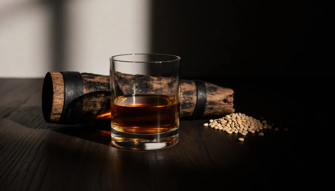 A glass of amber whiskey beside a charred oak cask stave and scattered malted barley grains