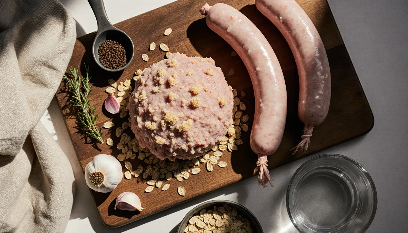 Ground pork, oatmeal, and pale sausage links for homemade white pudding on a wooden board