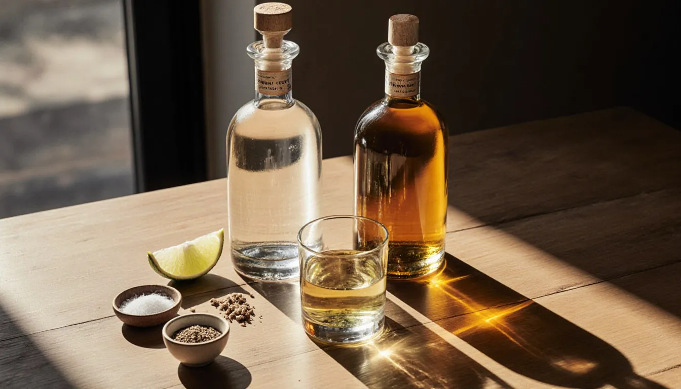A clear silver tequila and a golden aged tequila poured side by side in glasses on a bar