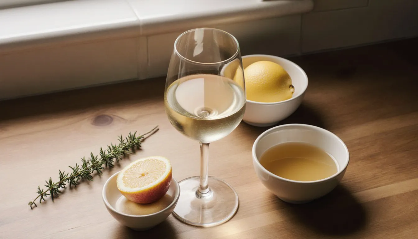 A glass of white wine beside small bowls of vinegar, lemon, and broth used as substitutes