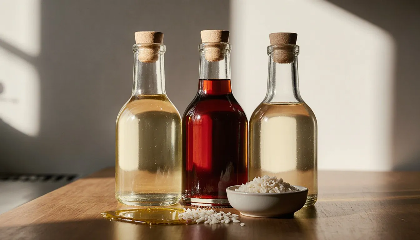 Bottles of red wine, white wine, and clear vinegar grouped on a kitchen counter as substitute options
