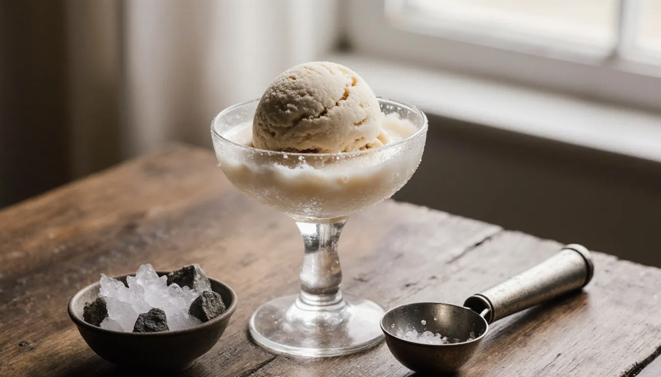 A scoop of vanilla ice cream in a glass dish beside a vintage metal ice cream scoop