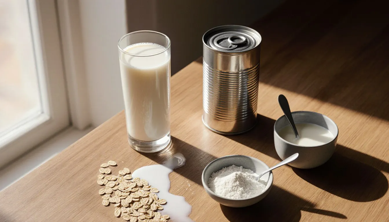 Glasses of plant-based and low-fat milk beside a tin and a bowl of powdered milk on a counter