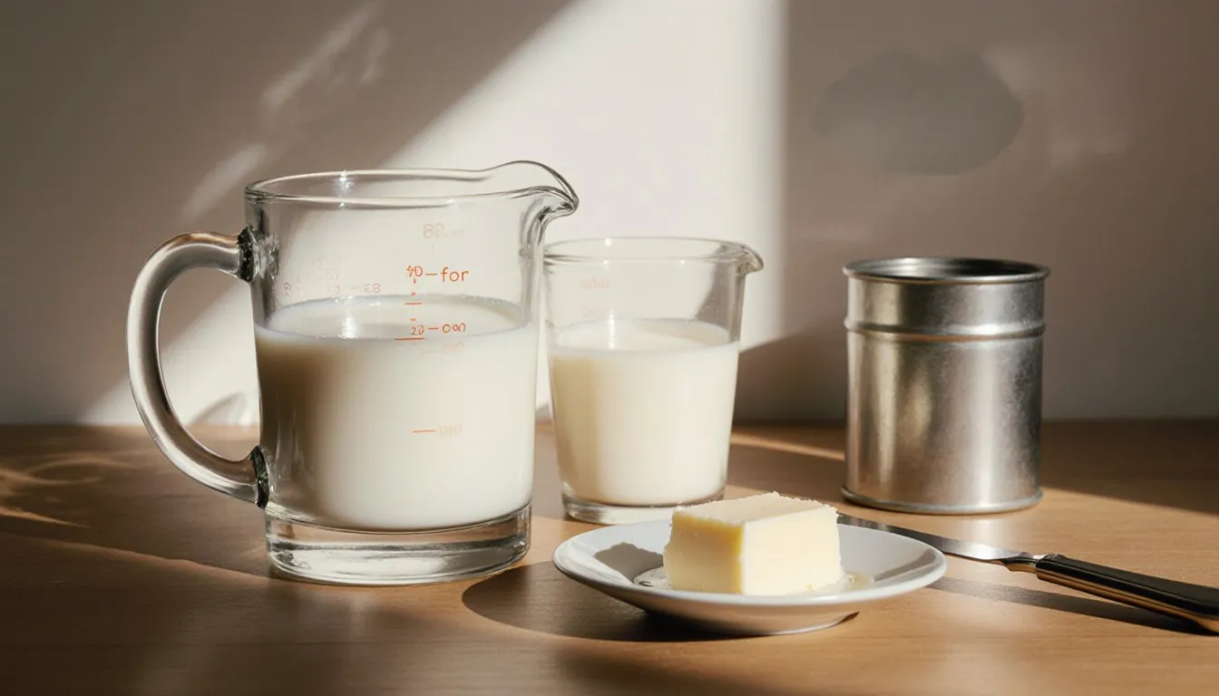 A glass of milk, measuring cup, small tin, and melting butter arranged on a kitchen counter as milk substitute ingredients