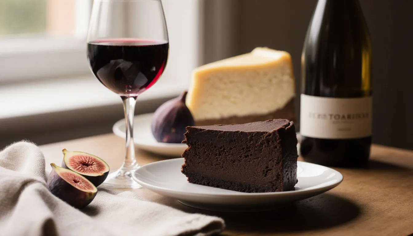 A glass of red dessert wine paired with a slice of chocolate torte and cheesecake on a wooden table