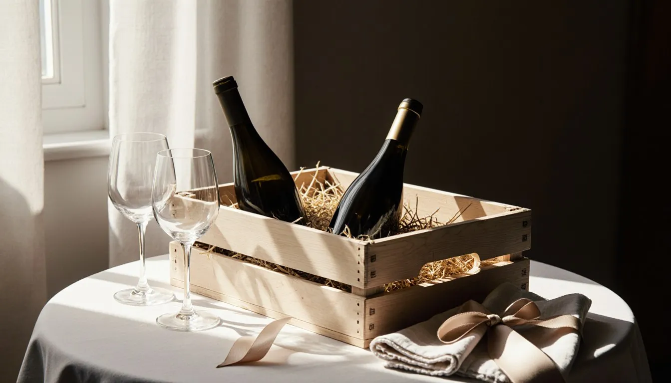 An opened wooden crate with two unlabeled wine bottles and glasses, evoking a wine of the month club delivery