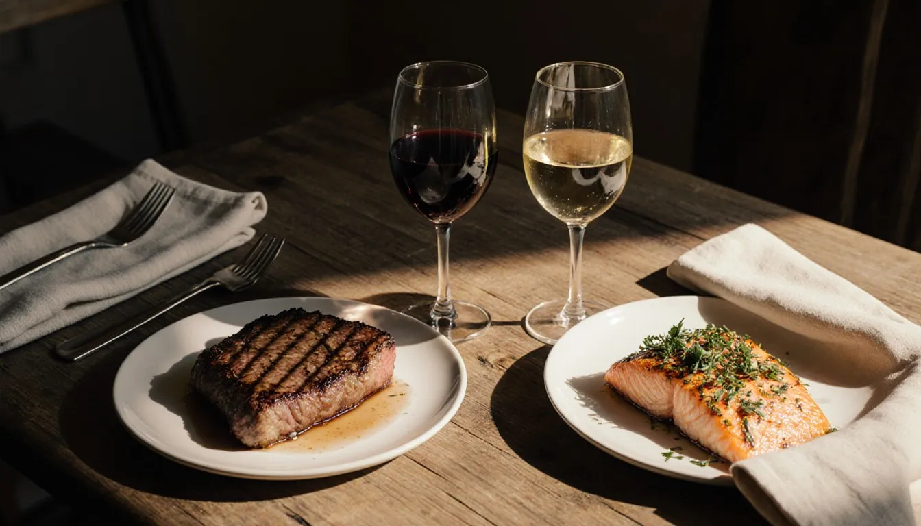 A glass of red wine beside seared steak and a glass of white wine beside roasted salmon on a rustic table