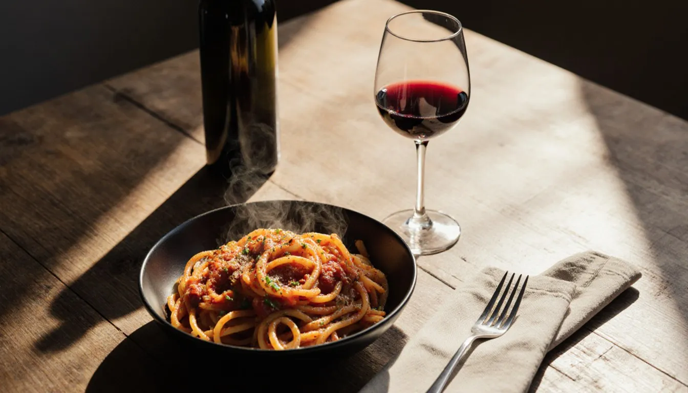 A glass of red wine beside a bowl of pasta in tomato sauce on a rustic table