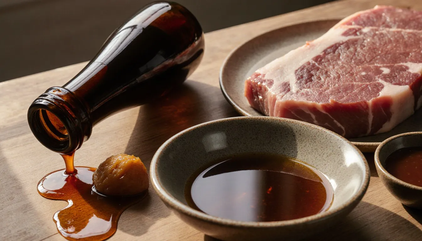 Soy sauce, tamarind, and dark sauce arranged beside marinating beef as Worcestershire sauce substitutes