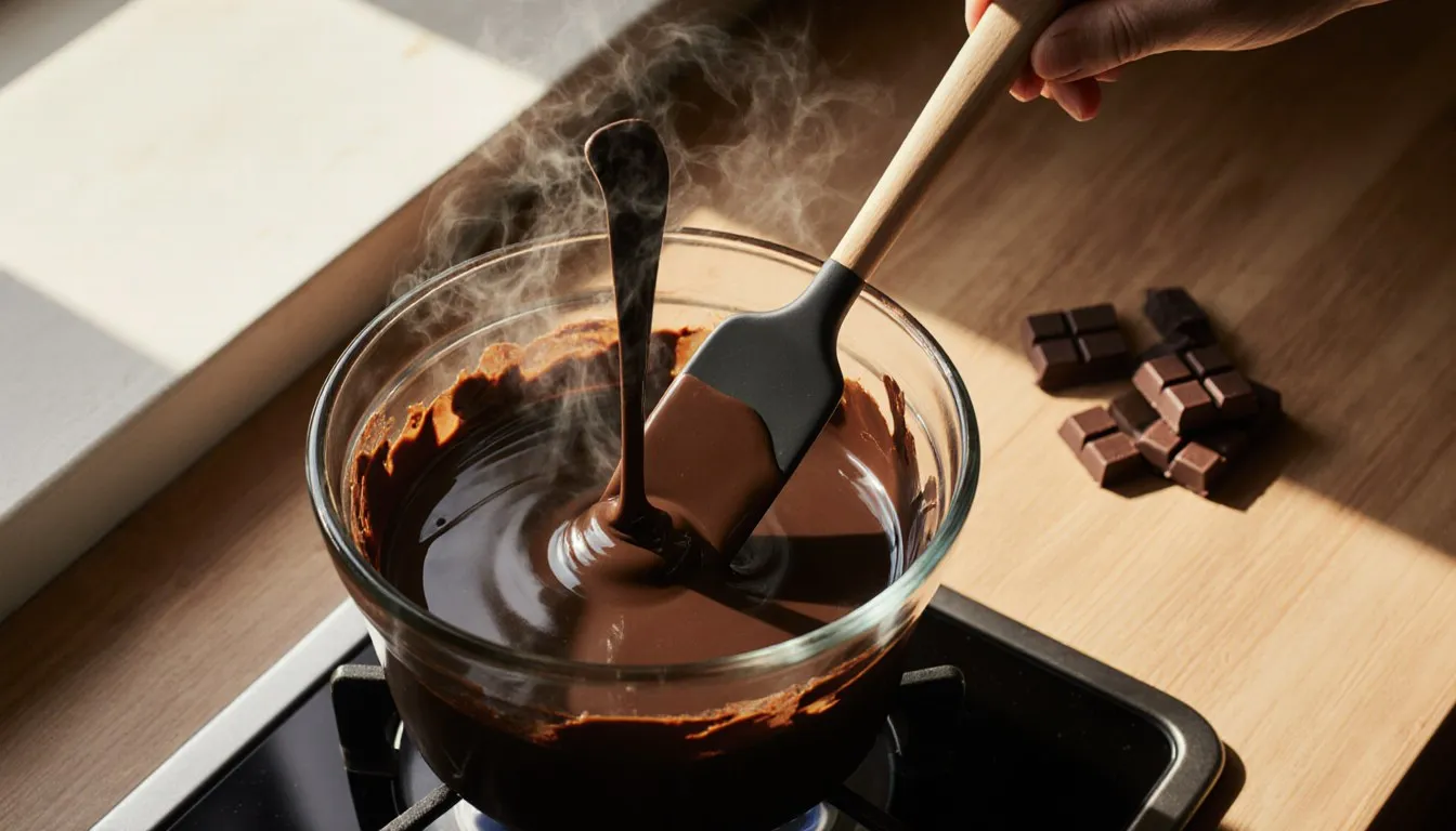 Melted chocolate being stirred with a spatula in a glass bowl set over a pot, with dark chocolate squares alongside