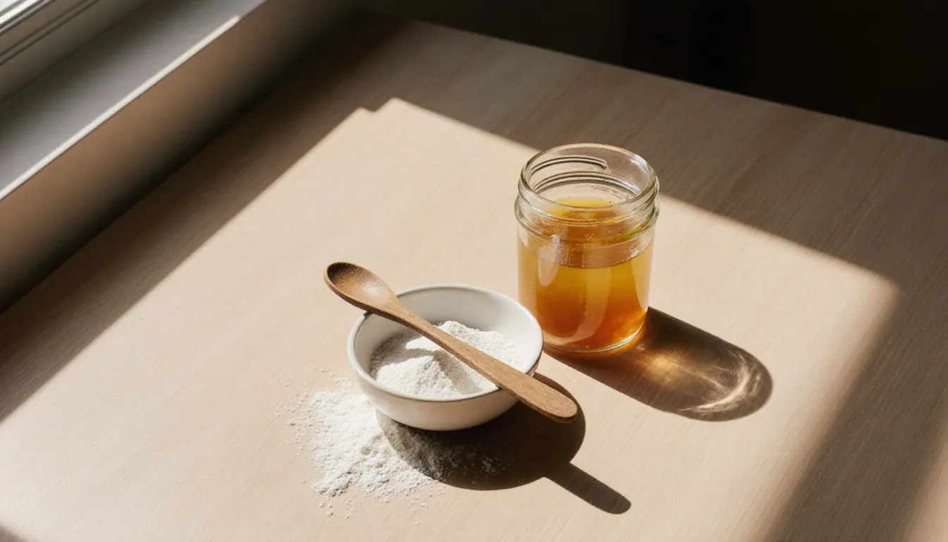 Small bowls of pale thickening powders with a wooden spoon beside a jar of thickened sauce
