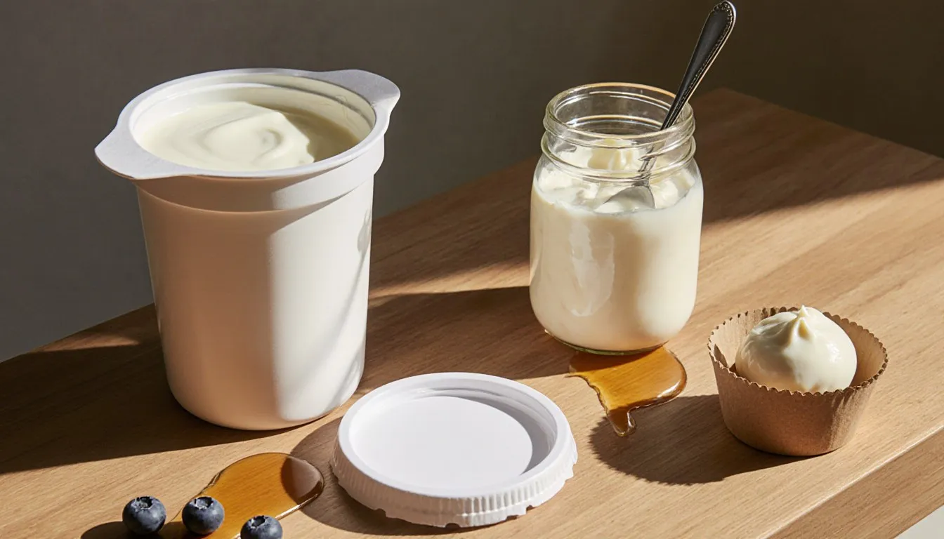Three unmarked yogurt containers with spoons on a wooden kitchen counter, comparing textures and styles