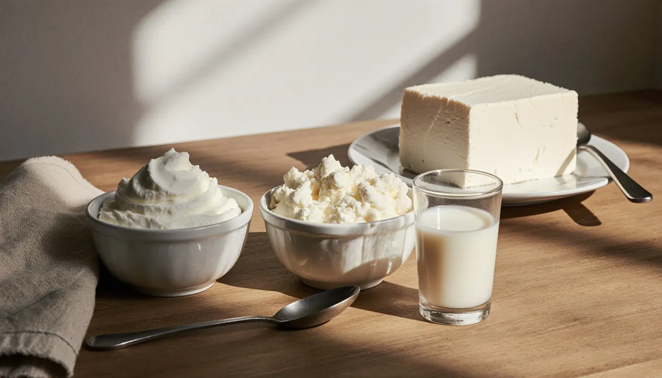 Bowls of sour cream, cottage cheese, buttermilk, and silken tofu shown together as yogurt substitutes